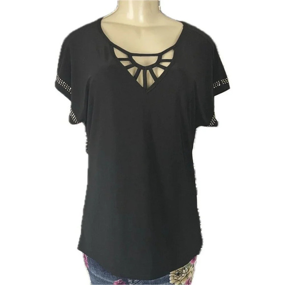 Diana Belle XL Black Caged Neckline Studded Accent Short Dolman Sleeve Top - Picture 2 of 6